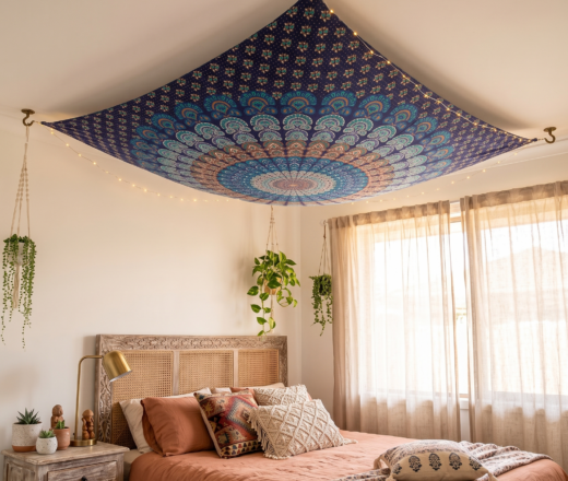 quarto boho com tecido de mandala no teto panô de mandala azul marinho e turquesa