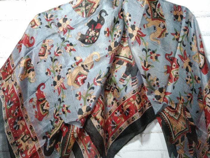 Lenço indiano de seda 100% estampado de elefantes azul