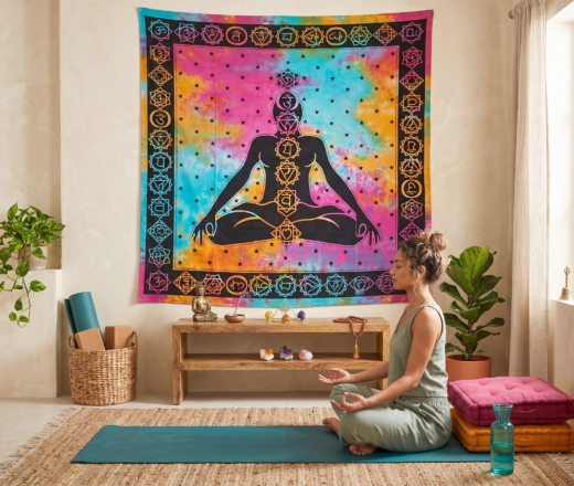 Panô indiano com técnica Batik - Estampa de Iogue e Chakras 2,40m