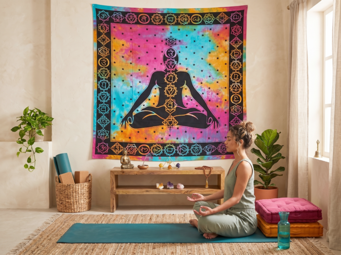 Panô indiano com técnica Batik - Estampa de Iogue e Chakras 2,40m