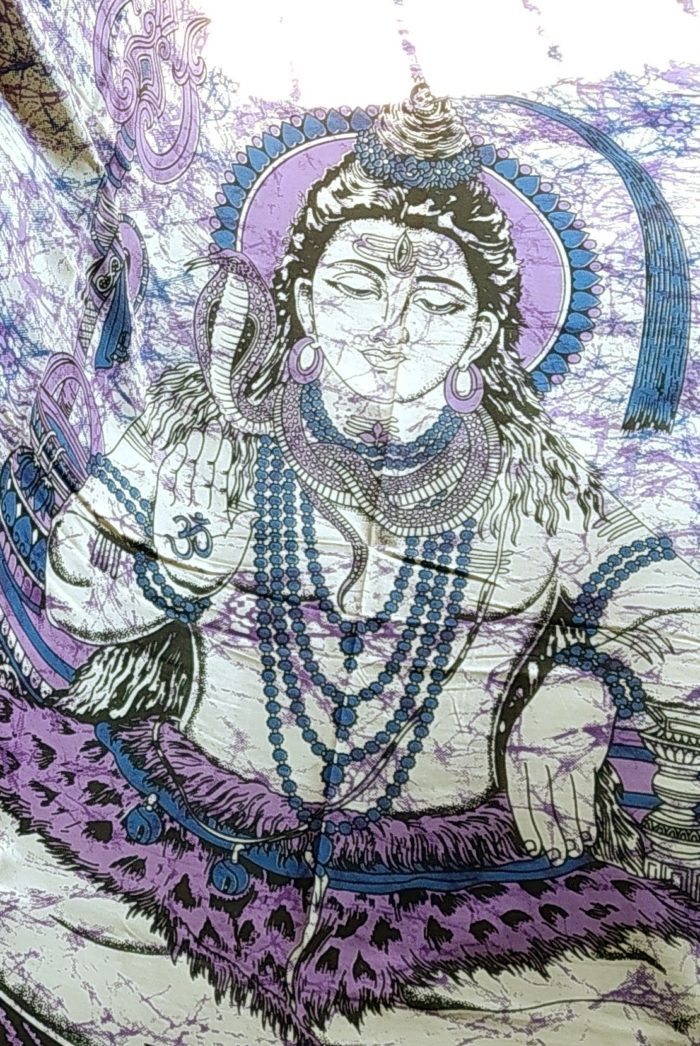 Panô indiano de algodão solteiro estampa de Shiva roxo e azul