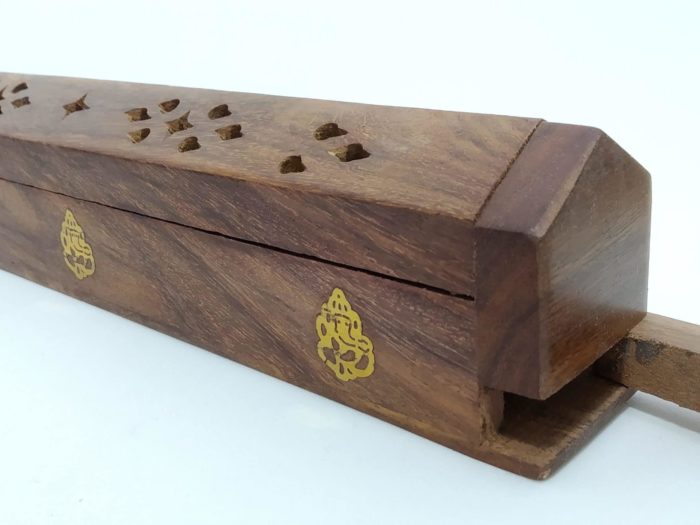 Incensário box de madeira com detalhe bronze de Ganeshas