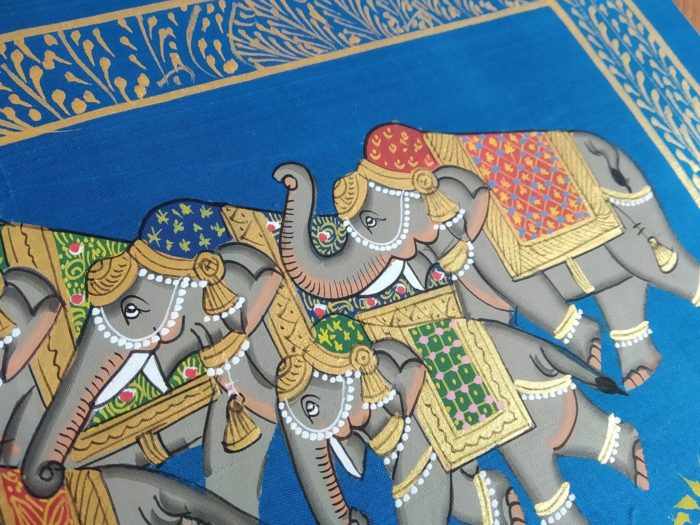 IMG_20200721_111551 Pintura Rajasthani em seda design de grupo de elefantes azul