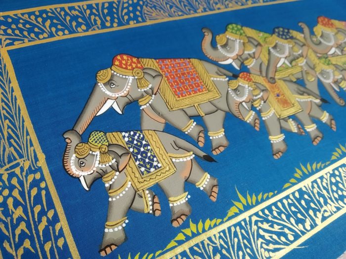 IMG_20200721_111554 Pintura Rajasthani em seda design de grupo de elefantes azul