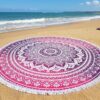 Canga indiana grande redonda mandala com franjas tons rosa