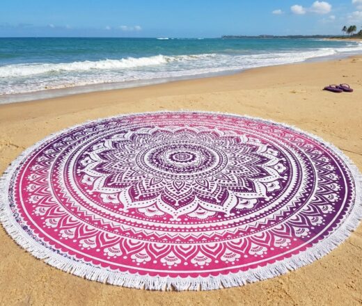 canga de mandala rosa e lilas redonda com franjas grande Canga indiana grande redonda mandala com franjas tons rosa