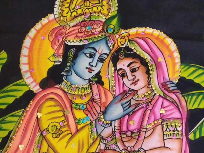 Painel de tecido Coleção Especial pintado à mão Radha e Krishna 85cm