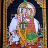 Painel grande clássico de deidade hindu Radha e Krishna e a vaca sagrada