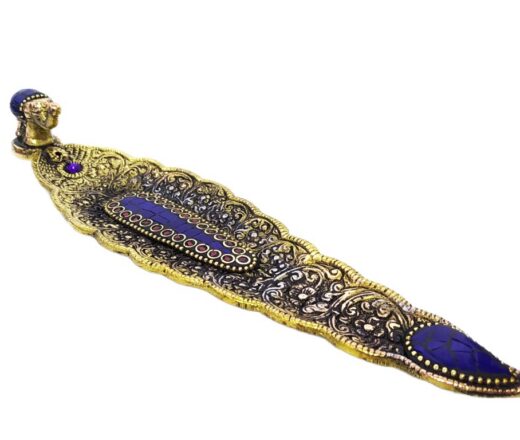 Incensário folha de metal dourado com embutimento de pedras naturais Lápis Lazuli