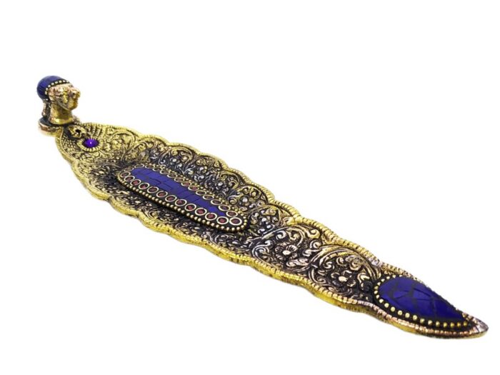 Incensário folha de metal dourado com embutimento de pedras naturais Lápis Lazuli