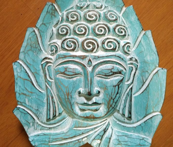 Máscara de Buda de madeira design folha com base 40cm