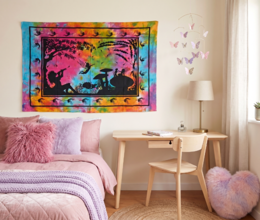 pano de fadas colorido indiano para decorar paredes Pano indiano colorido com fadas para decoracao de quarto de menina