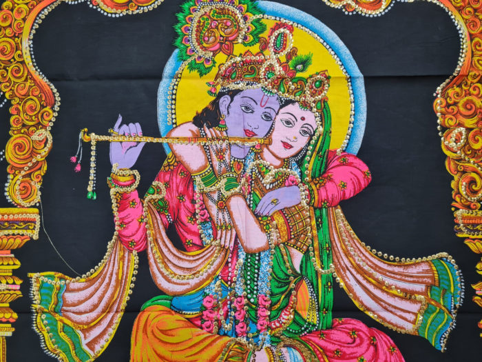 Painel grande clássico de deidade hindu Radha e Krishna