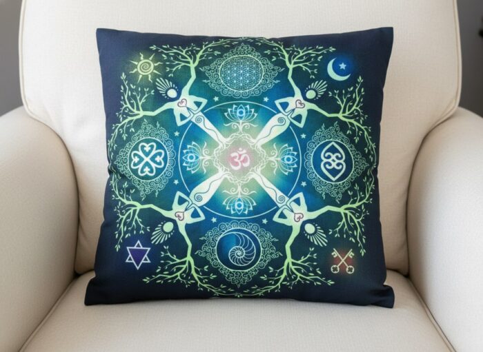A estampa dessa almofada é rica em simbolismo espiritual e esotérico, unindo conceitos do Hinduísmo, Geometria Sagrada e Símbolos Universais.
