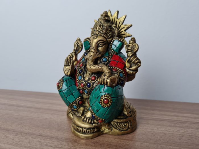 Estátua de Ganesha em bronze com pedras naturais embutidas 12cm