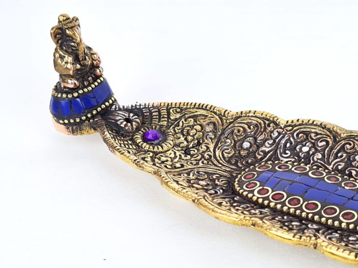 Incensário folha de metal dourado de Ganesha com pedras naturais Lápis Lazuli
