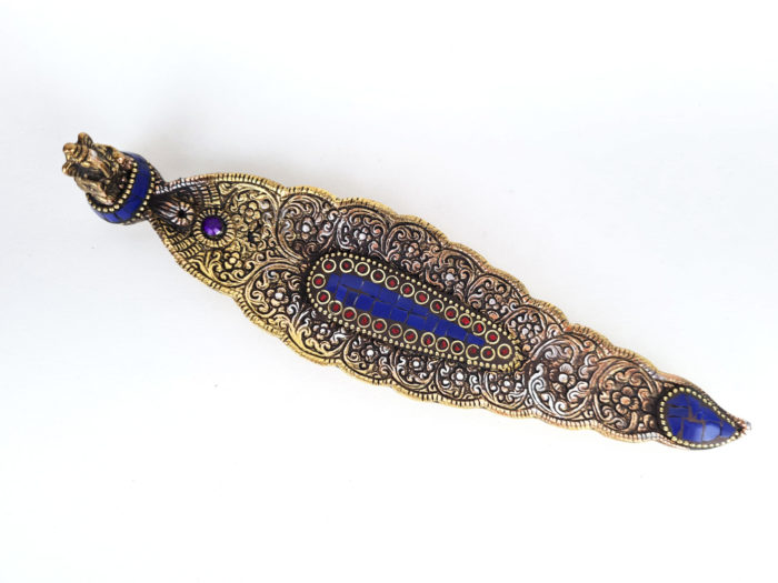 Incensário folha de metal dourado de Ganesha com pedras naturais Lápis Lazuli