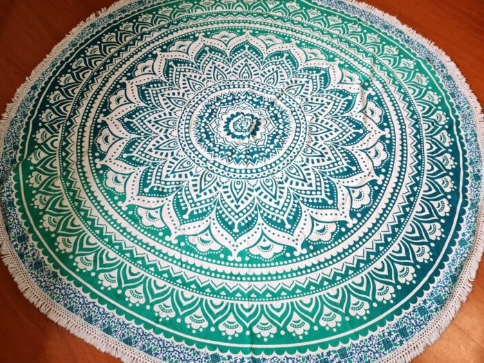 Canga indiana grande redonda mandala com franjas verde água