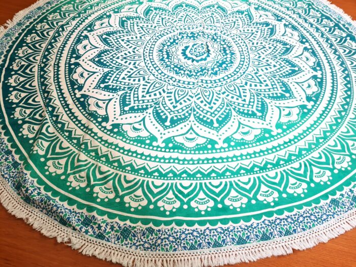 Canga indiana grande redonda mandala com franjas verde água