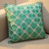 almofada-indiana-viscolinho-bege-bordados-verdes Almofada indiana quadrada bordada com pompons ao redor 40x40cm verde