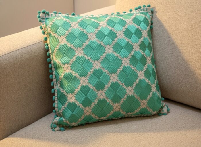 almofada-indiana-viscolinho-bege-bordados-verdes Almofada indiana quadrada bordada com pompons ao redor 40x40cm verde