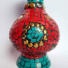 Vaso indiano metal dourado mosaico de pedras coral e turquesa