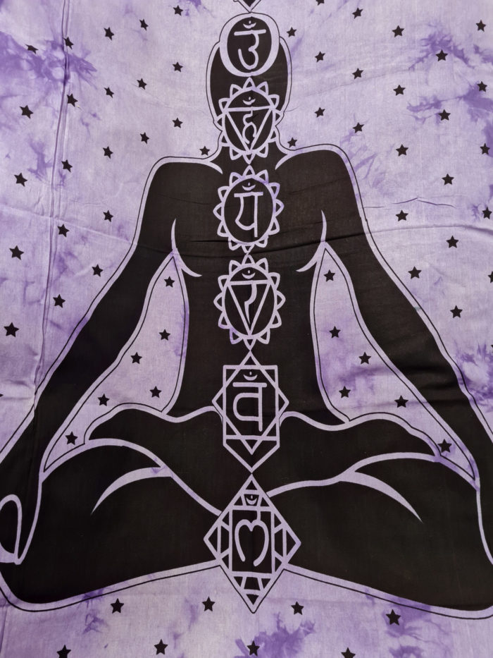 Panô indiano com técnica Batik estampa de Iogue e Chakras roxo