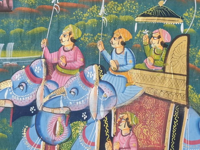 Pintura Rajasthani em seda design de grupo de viajantes com elefantes e camelos