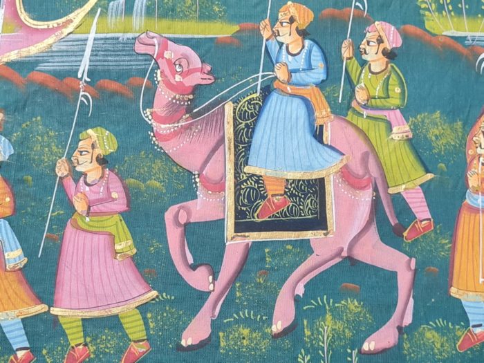 Pintura Rajasthani em seda design de grupo de viajantes com elefantes e camelos
