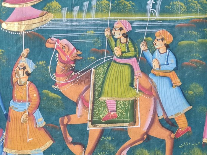 Pintura Rajasthani em seda design de grupo de viajantes com elefantes e camelos