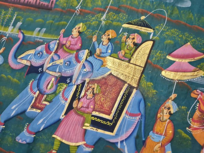 Pintura Rajasthani em seda design de grupo de viajantes com elefantes e camelos