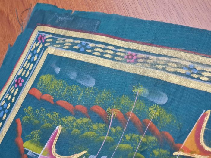 Pintura Rajasthani em seda design de grupo de viajantes com elefantes e camelos
