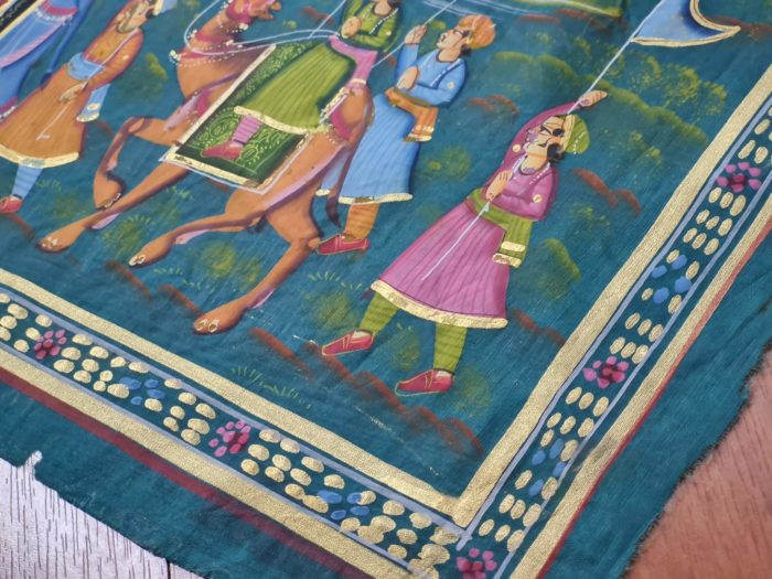 Pintura Rajasthani em seda design de grupo de viajantes com elefantes e camelos