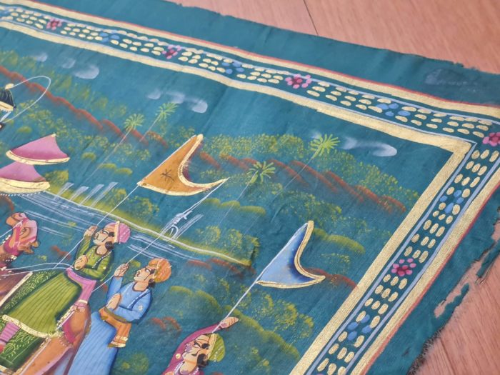 Pintura Rajasthani em seda design de grupo de viajantes com elefantes e camelos