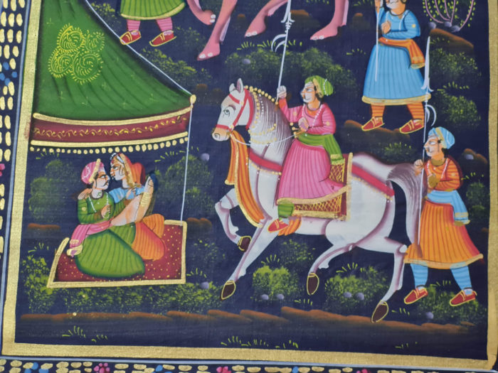 20210511_201213 Pintura Rajasthani em seda design de viajantes com elefantes, cavalos e camelos