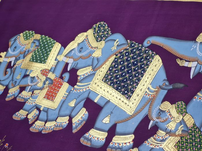 20210511_201745 Pintura Rajasthani em seda design de grupo de elefantes roxo