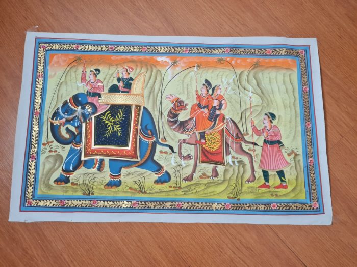 pintura indiana em seda com elefante, camelo e viajantes