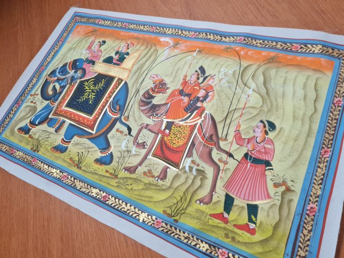Pintura Rajasthani em seda design de elefante e camelo com viajantes