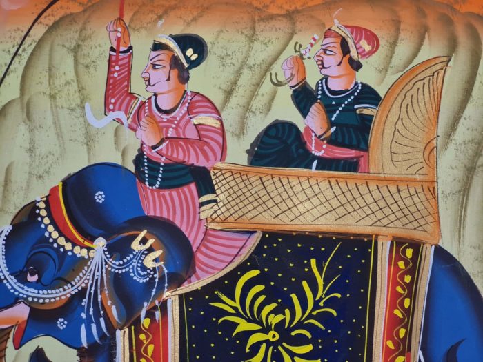 Pintura Rajasthani em seda design de elefante e camelo com viajantes