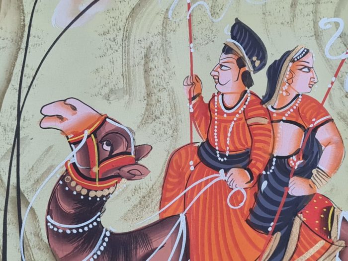 Pintura Rajasthani em seda design de elefante e camelo com viajantes