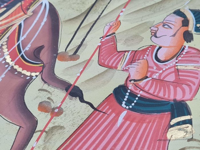 Pintura Rajasthani em seda design de elefante e camelo com viajantes