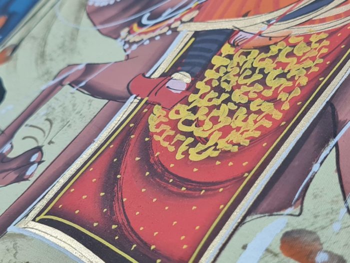 Pintura Rajasthani em seda design de elefante e camelo com viajantes