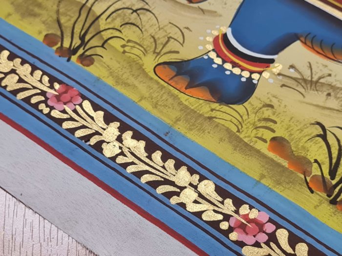 Pintura Rajasthani em seda design de elefante e camelo com viajantes