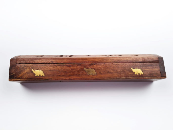 Incensário box de madeira com detalhe bronze de elefantes