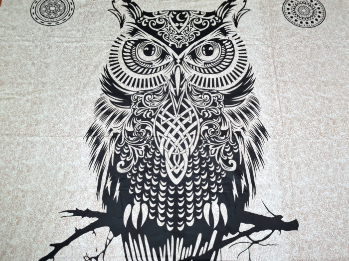 Panô indiano de algodão com estampa de Coruja grande e mandalas 2,30m