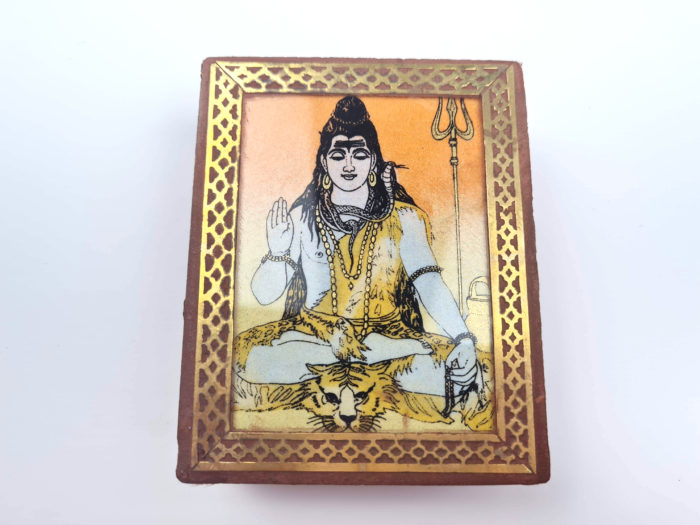 Caixa indiana de madeira e vidro com Shiva na estampa