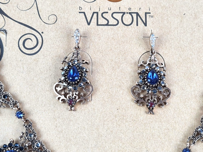 Conjunto de colar e brincos indianos para festa azul e vinho