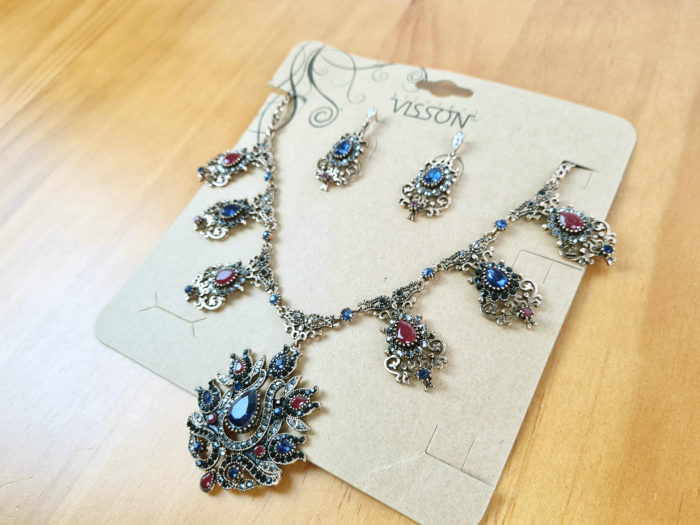 Conjunto de colar e brincos indianos para festa azul e vinho
