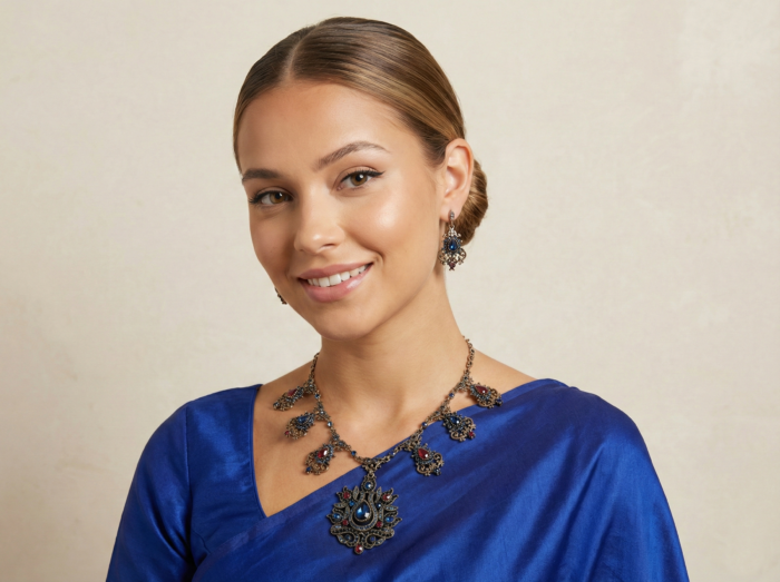 Conjunto de colar e brincos indianos para festa azul e vinho