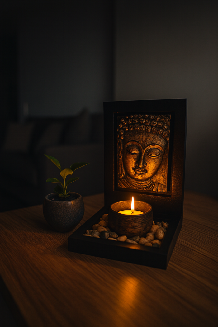 20251113_2115_Decoração Serenidade ao Entardecer_remix_01k9zvbtv8esc9zcq8w6w8c6vq Porta velas de Buda pra iluminar 15cm